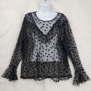 Ups & Downs Blouse Women 2X Black Sheer Polka Dot Mesh Ruffle Dark Coquette